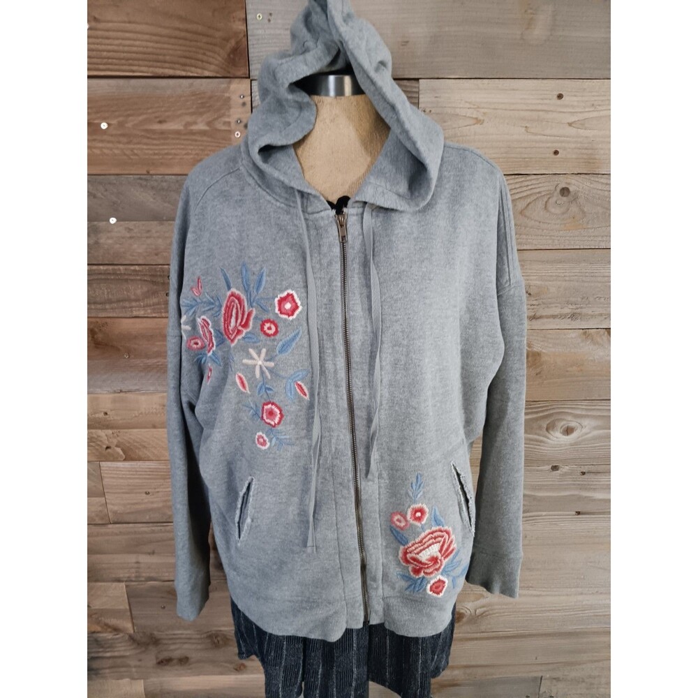 Caite Floral Embroidered Full Zip Hoodie Sz. XL 100% Cotton Raw Edge Pockets